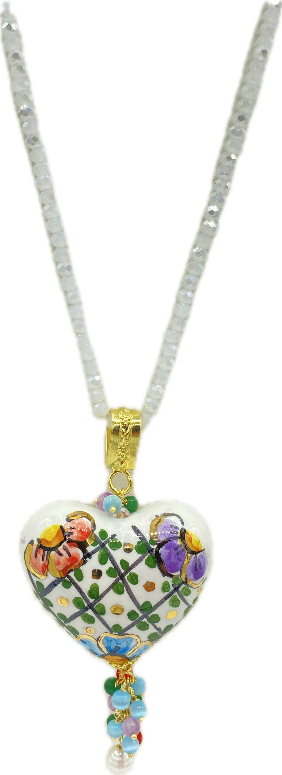 Collana in Swarovski bianchi con cuore tridimensionale in stile maioliche siciliane