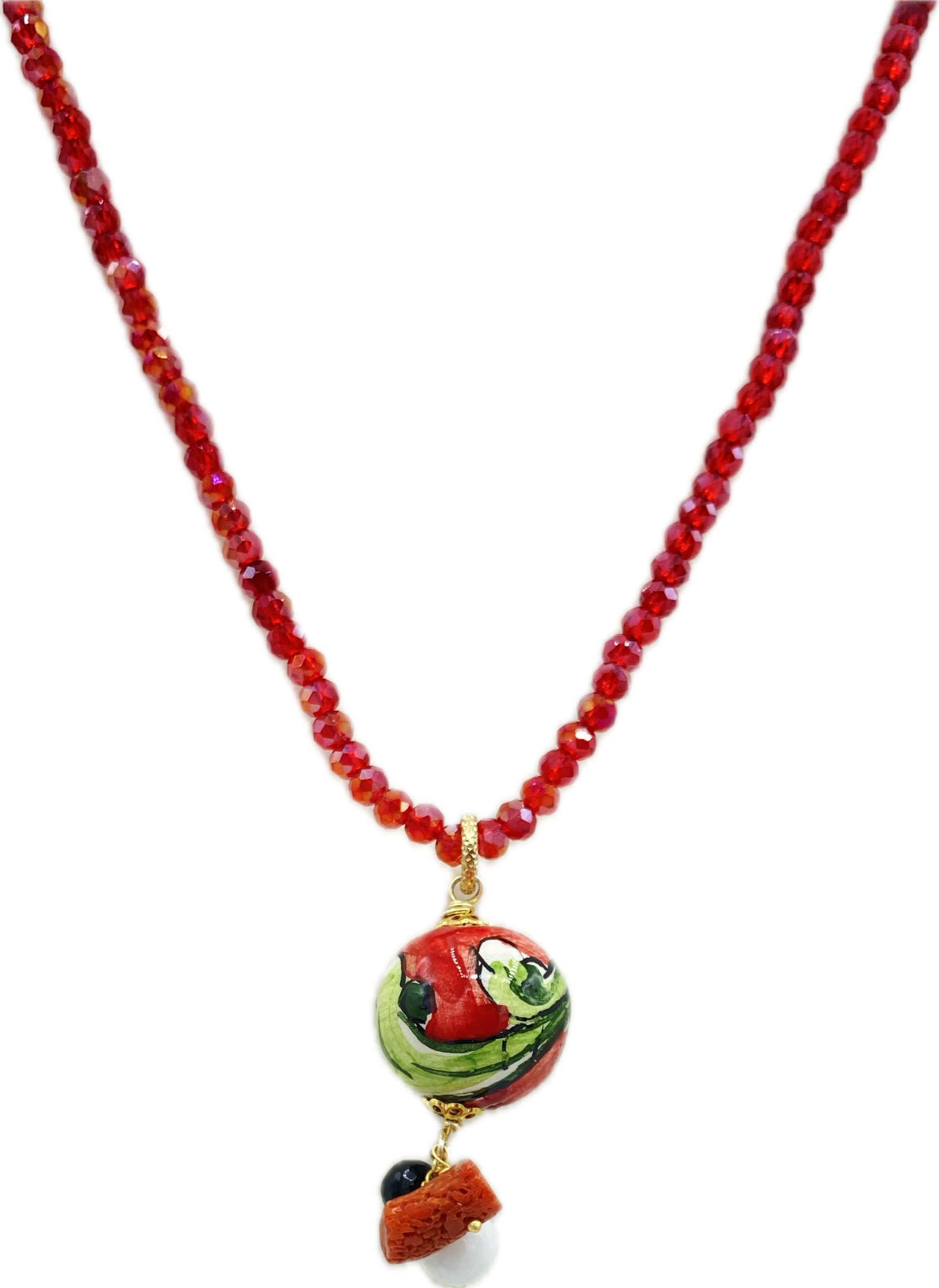 Collana in Swarovski rosso con ciondolo perla in ceramica dipinta a mano