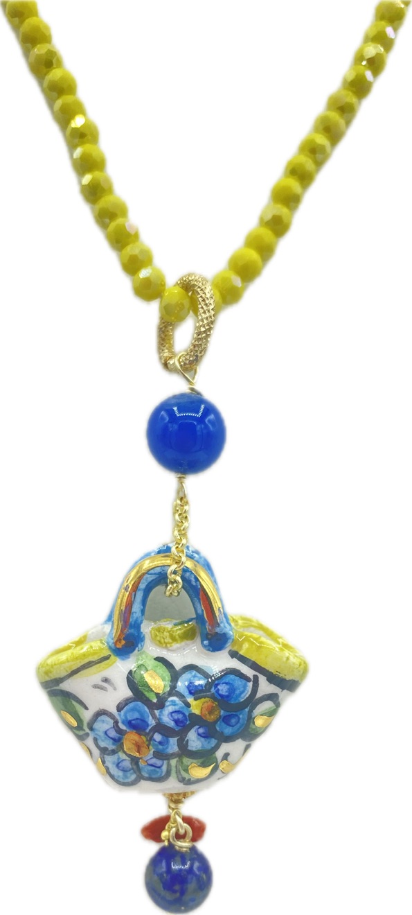Collana in Swarovski gialla con ciondolo coffa siciliana in ceramica e lustro oro