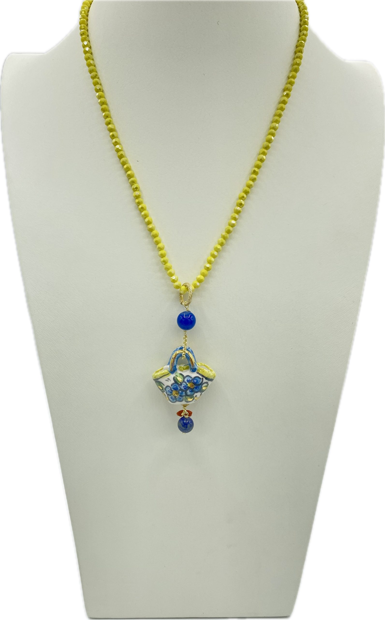 Collana in Swarovski gialla con ciondolo coffa siciliana in ceramica e lustro oro