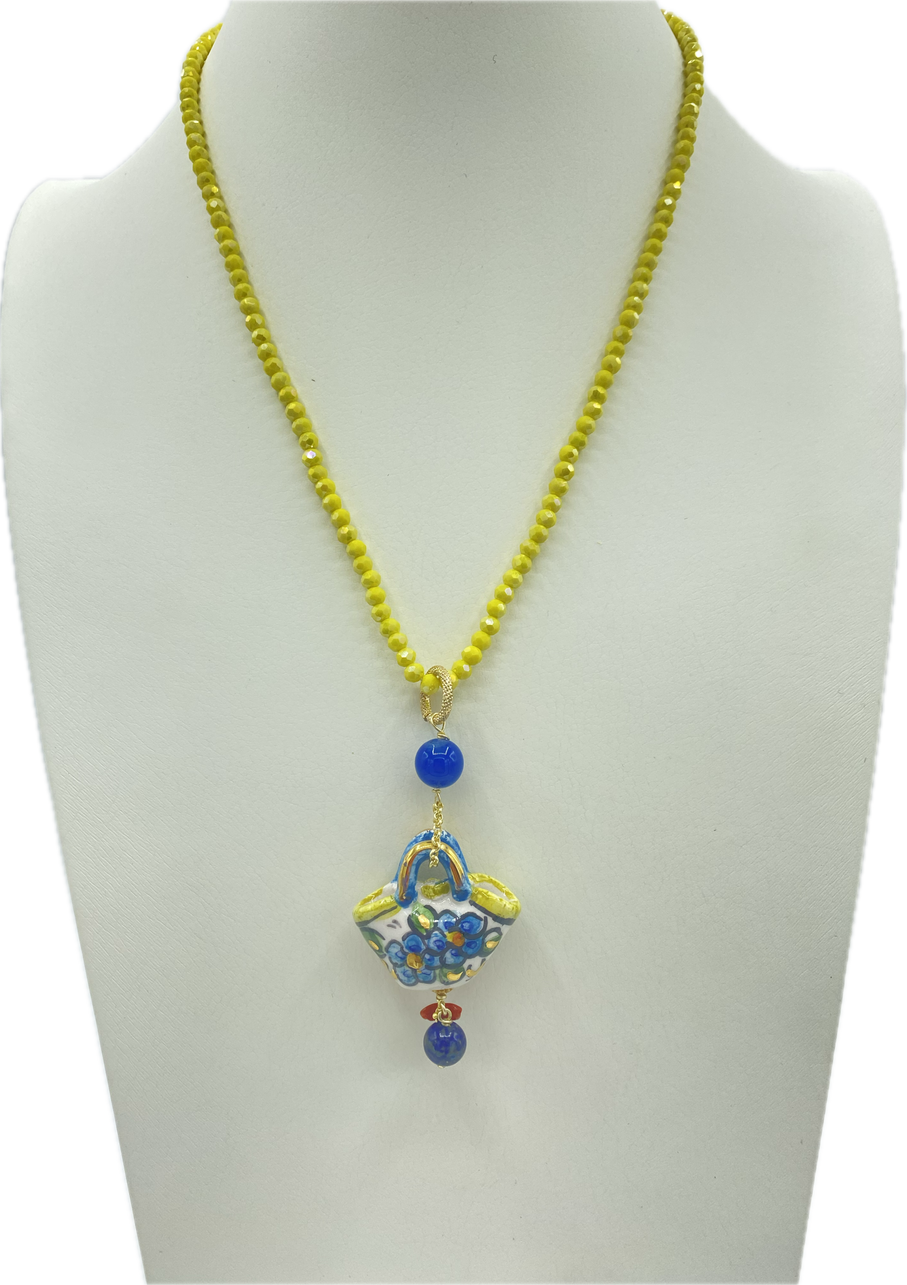 Collana in Swarovski gialla con ciondolo coffa siciliana in ceramica e lustro oro