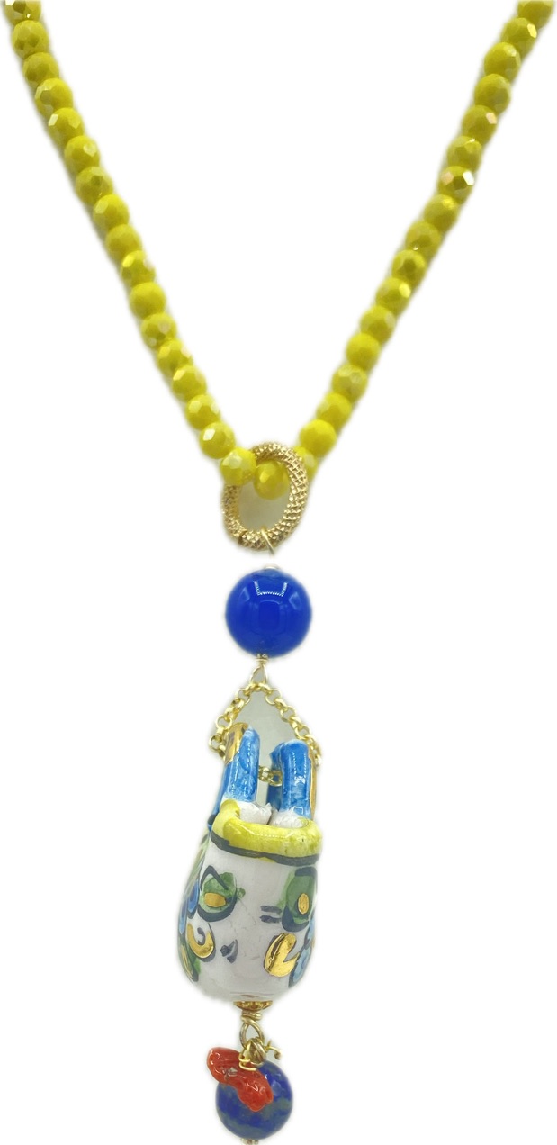 Collana in Swarovski gialla con ciondolo coffa siciliana in ceramica e lustro oro