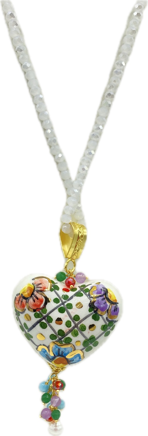 Collana in Swarovski bianchi con cuore tridimensionale in stile maioliche siciliane