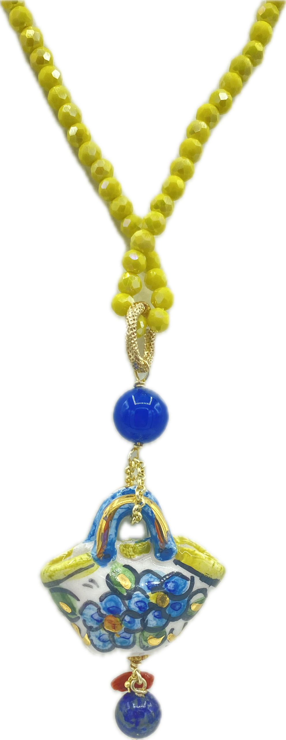 Collana in Swarovski gialla con ciondolo coffa siciliana in ceramica e lustro oro