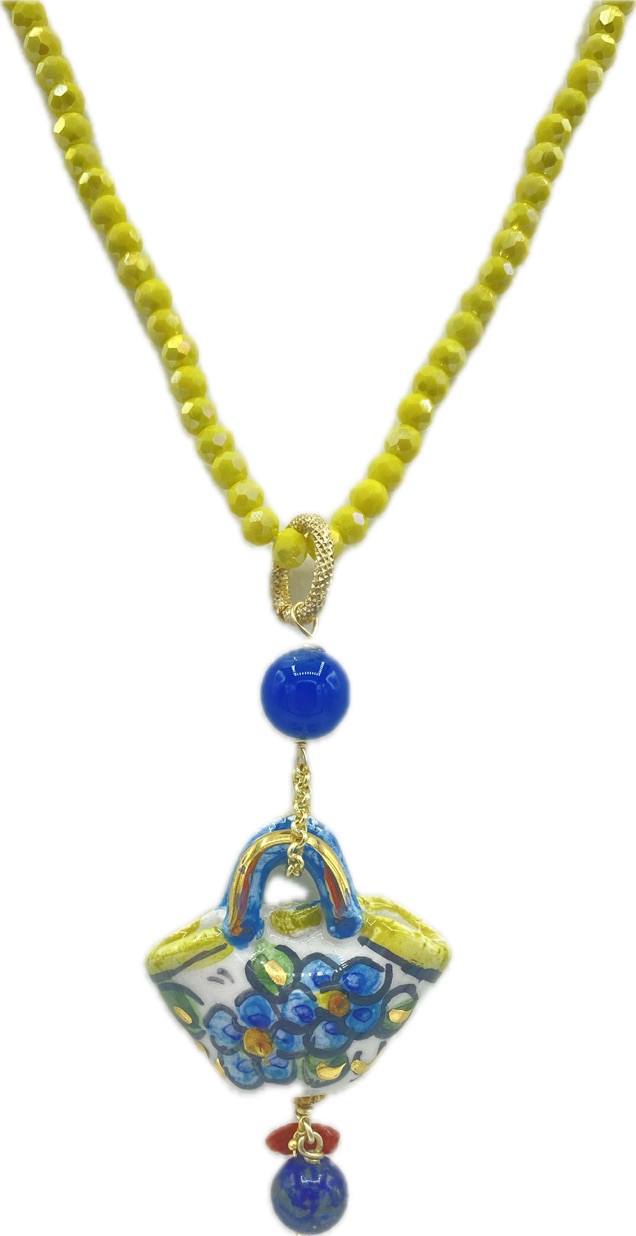 Collana in Swarovski gialla con ciondolo coffa siciliana in ceramica e lustro oro
