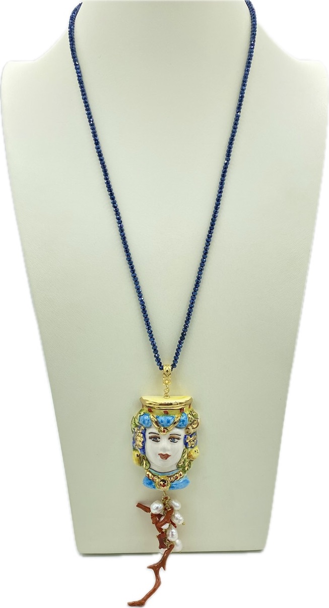 Collana in Swarovski blu con testa di moro donna in ceramica e lustro in oro