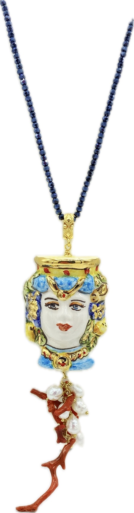Collana in Swarovski blu con testa di moro donna in ceramica e lustro in oro