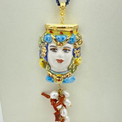 Collana in Swarovski blu con testa di moro donna in ceramica e lustro in oro