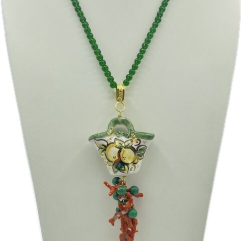 Collana in agata verde con coffa siciliana in ceramica e corallo naturale