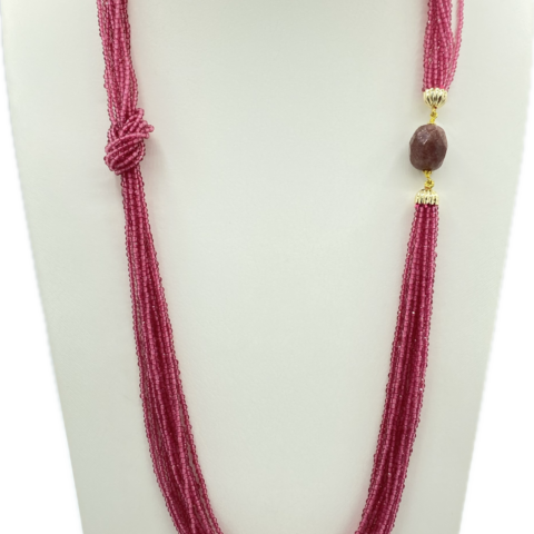 Collana multi-filo in Swarovski fucsia con pietra dura sfaccettata