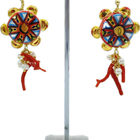 Orecchini tamburello siciliano in argento 925 dorato con perle e corallo