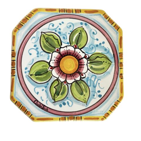 Sottopentola ottagonale in ceramica dipinta a mano con Fiore (13×13 cm)