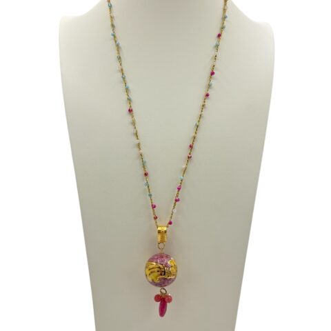 Collana lunga con perla in ceramica dipinta a mano e lustro in oro