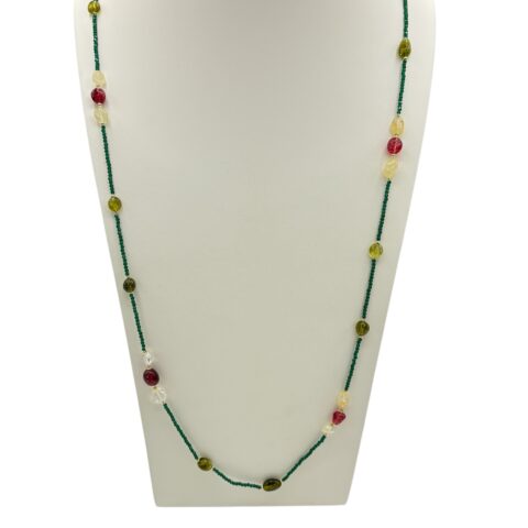 Collana lunga in zirconi verdi con tormalina fucsia e quarzo citrino