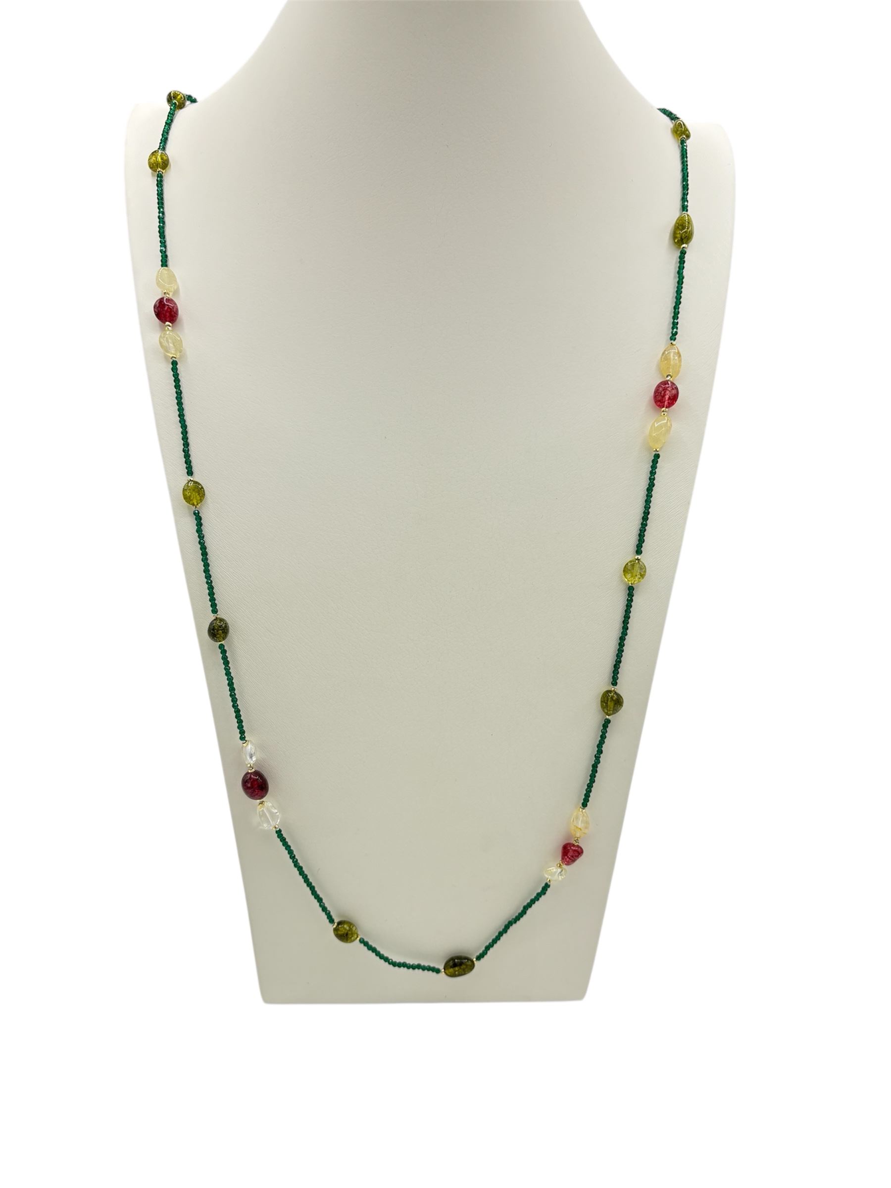 Collana lunga in zirconi verdi con tormalina fucsia e quarzo citrino