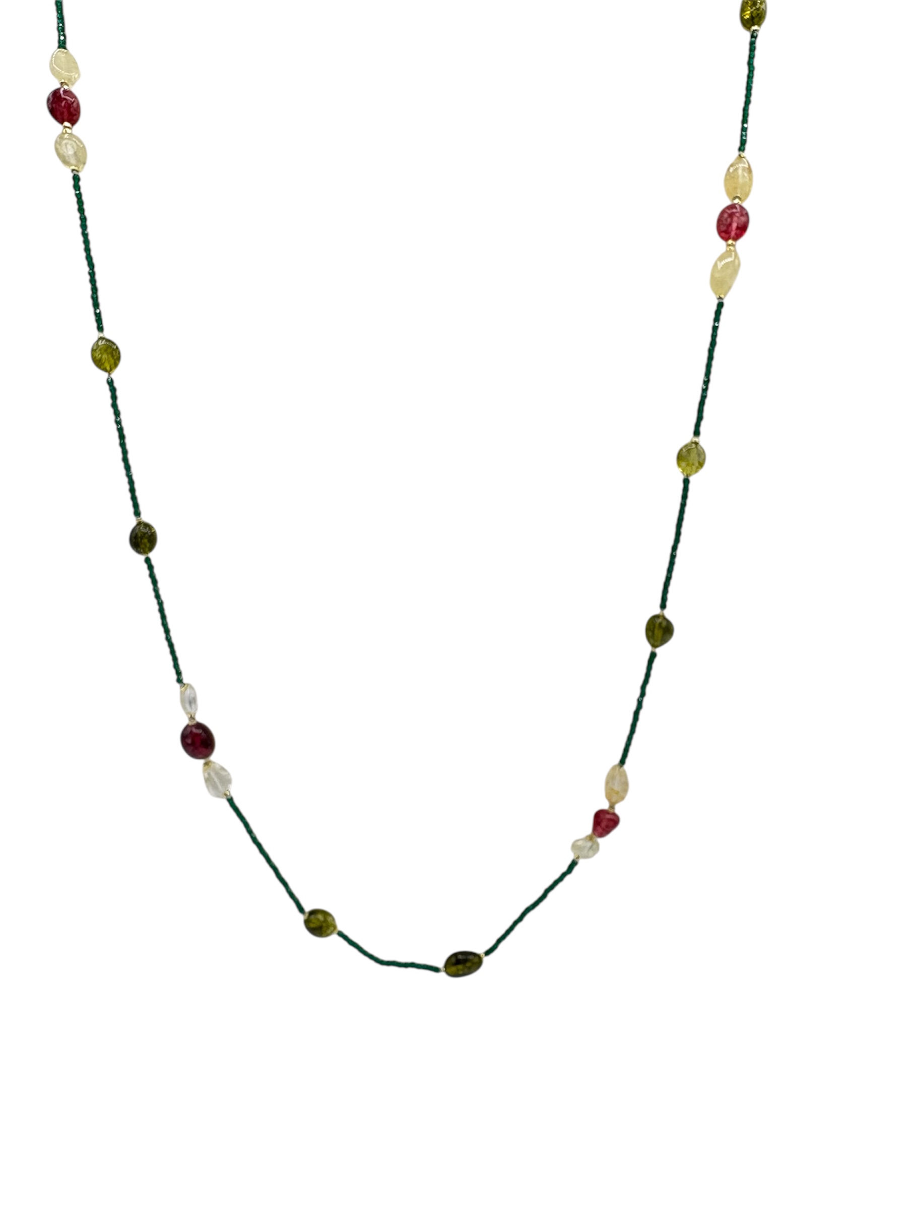 Collana lunga in zirconi verdi con tormalina fucsia e quarzo citrino