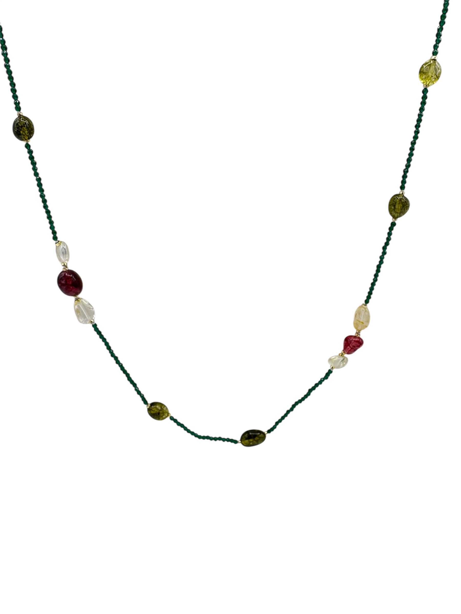 Collana lunga in zirconi verdi con tormalina fucsia e quarzo citrino