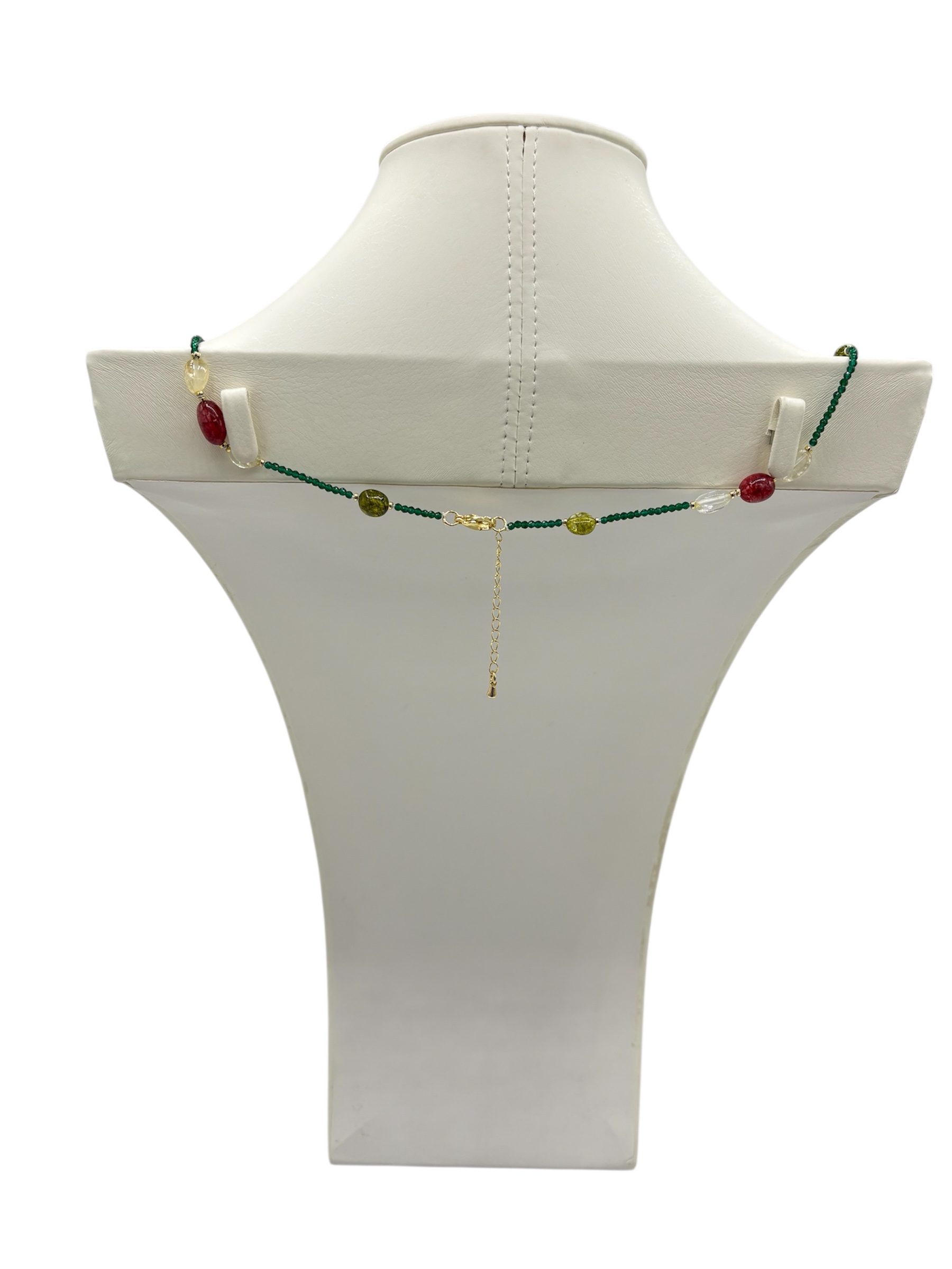 Collana lunga in zirconi verdi con tormalina fucsia e quarzo citrino