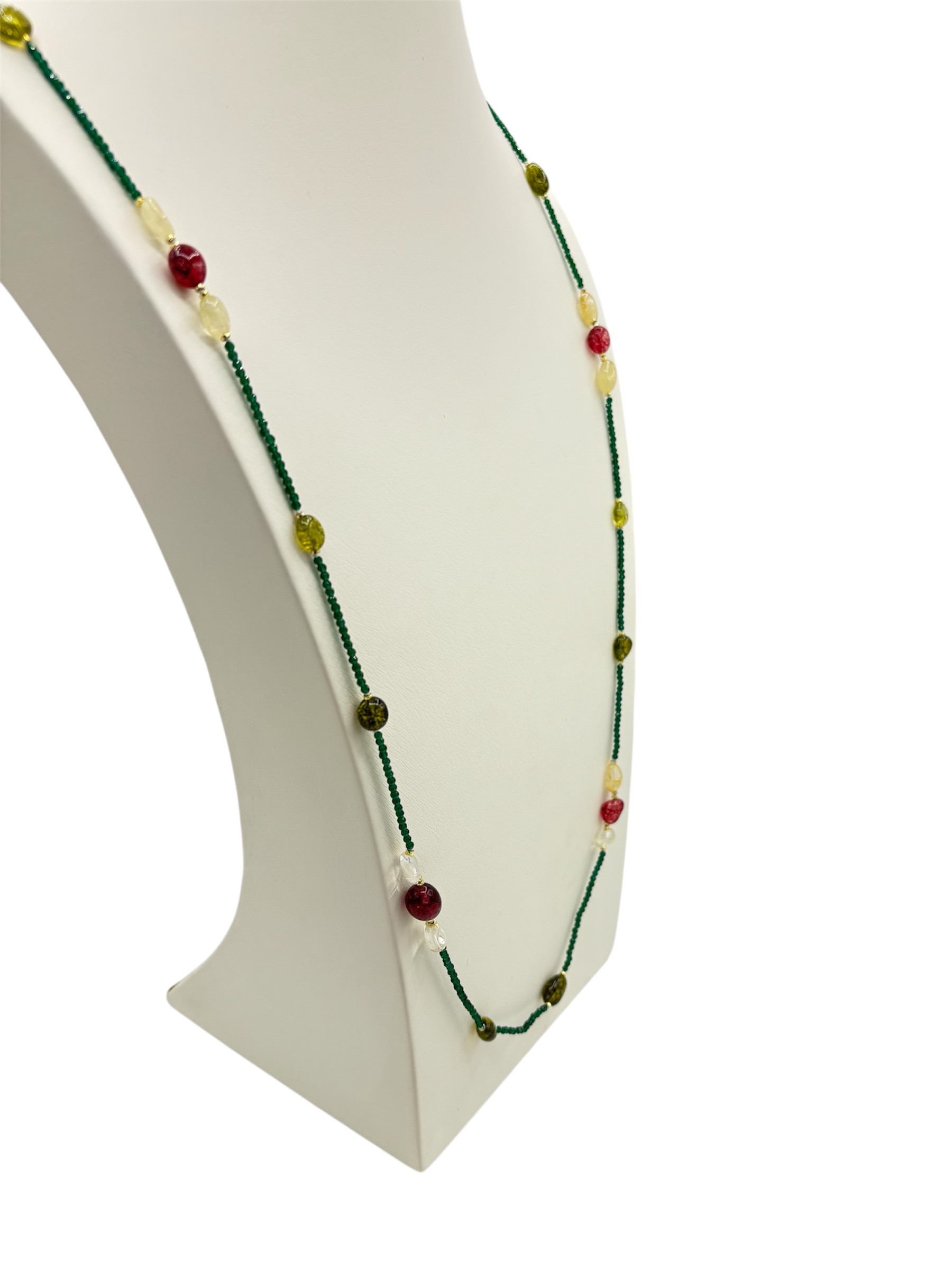 Collana lunga in zirconi verdi con tormalina fucsia e quarzo citrino