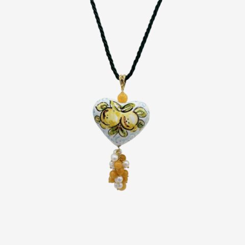Ciondolo Cuore 3D in ceramica dipinta a mano con lustro in oro – Limoni