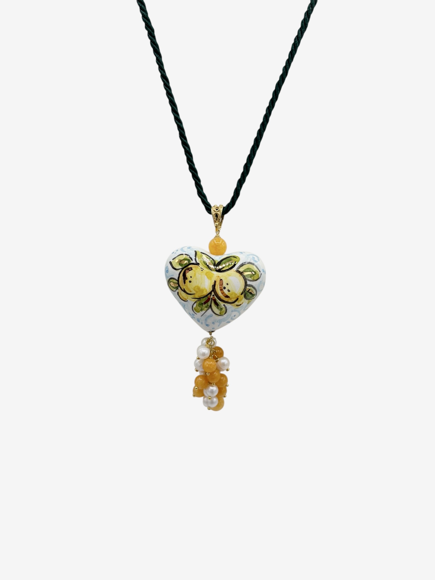 Ciondolo Cuore 3D in ceramica dipinta a mano con lustro in oro – Limoni