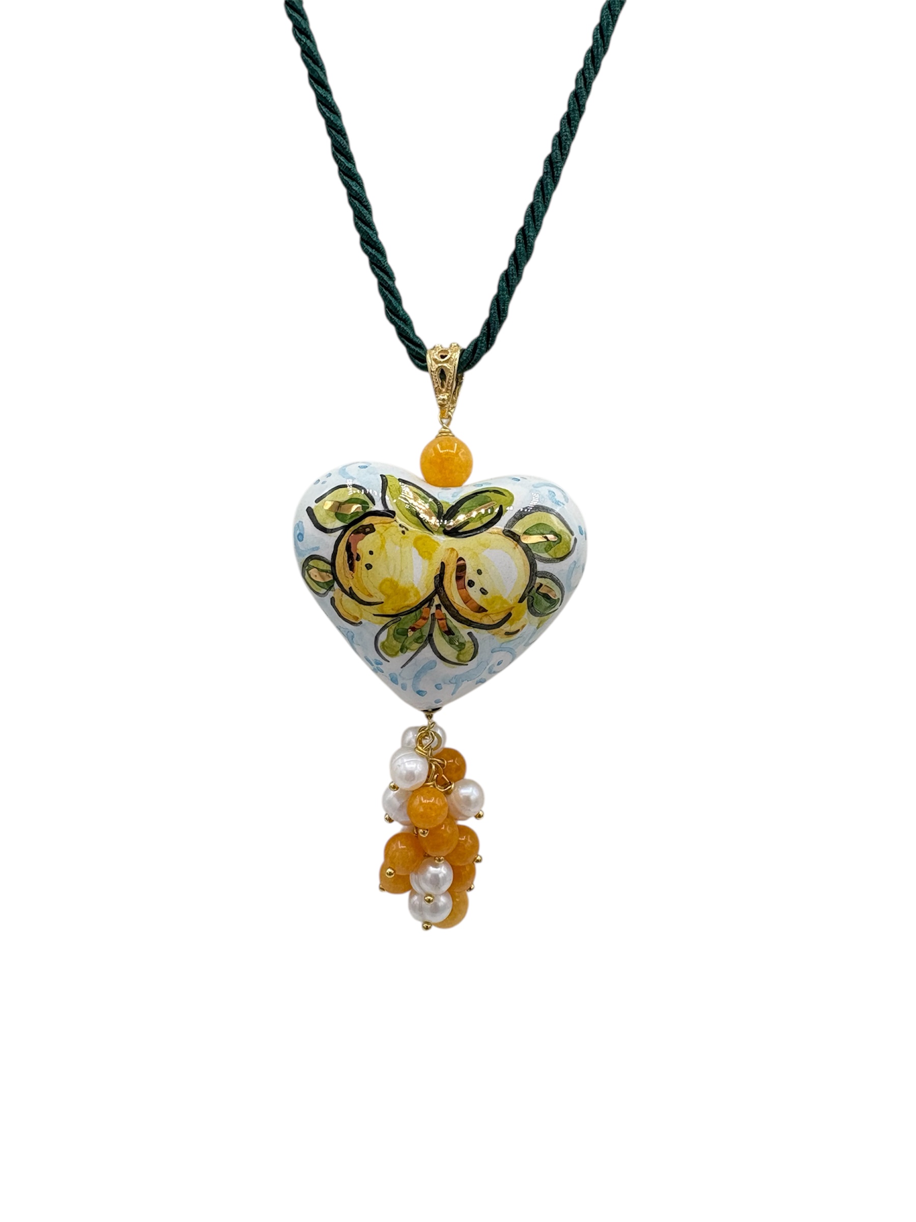 Ciondolo Cuore 3D in ceramica dipinta a mano con lustro in oro – Limoni