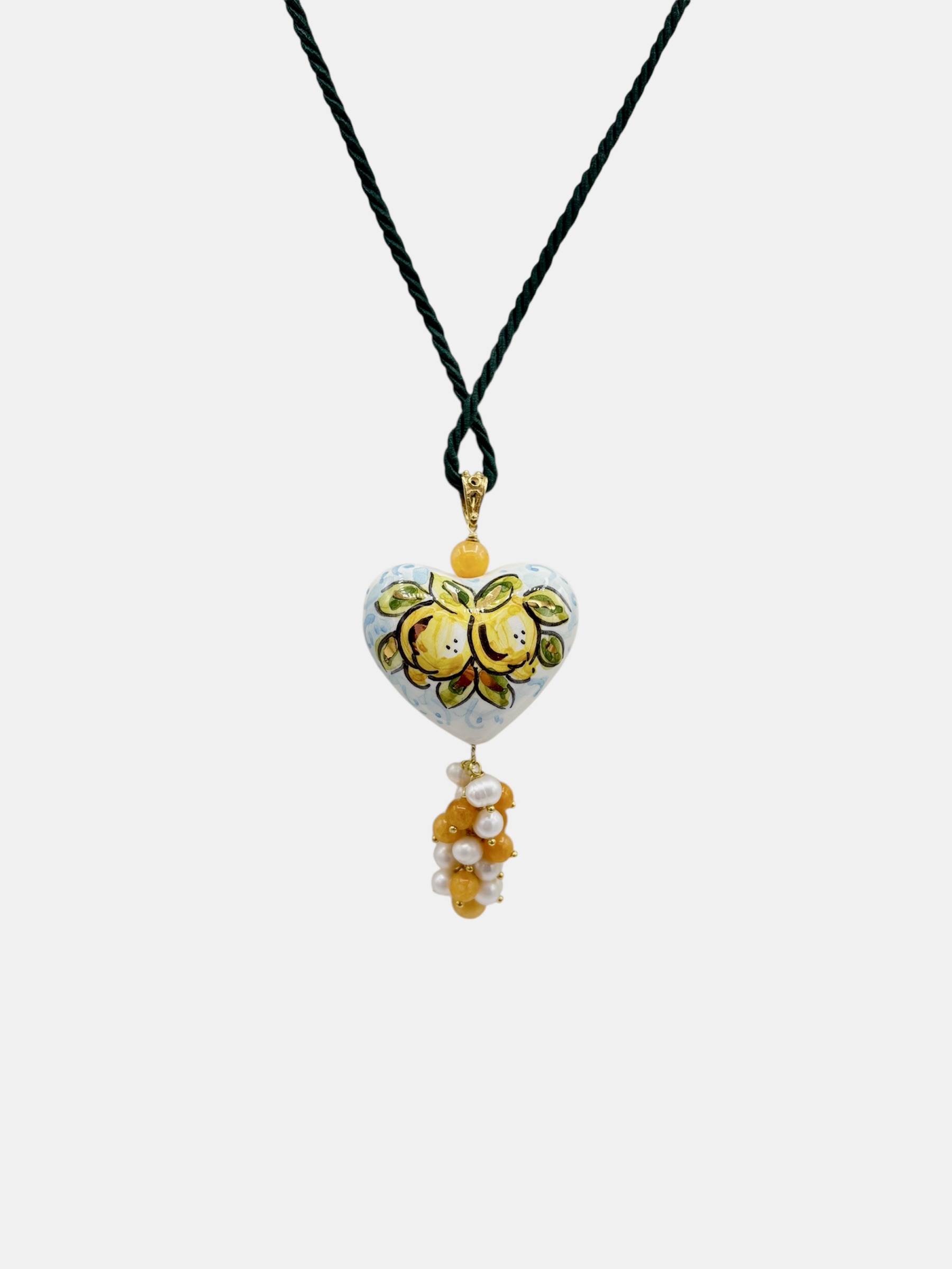 Ciondolo Cuore 3D in ceramica dipinta a mano con lustro in oro – Limoni