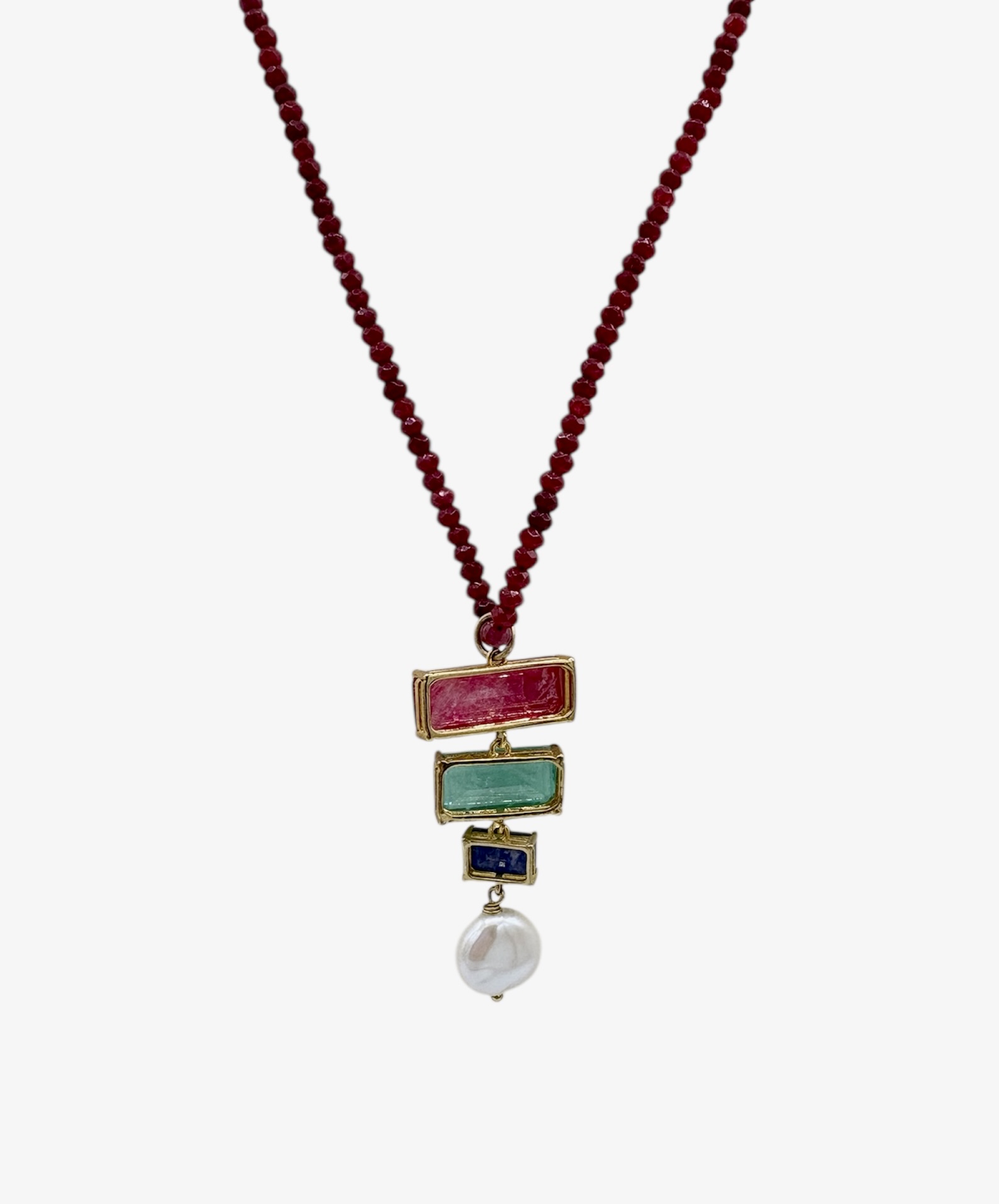 Parure Rubino, Tormalina & agata blu – Collana in Swarovski + orecchini abbinati