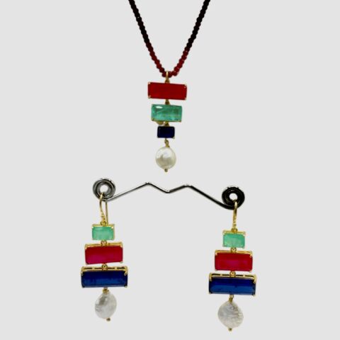 Parure Rubino, Tormalina & agata blu – Collana in Swarovski + orecchini abbinati