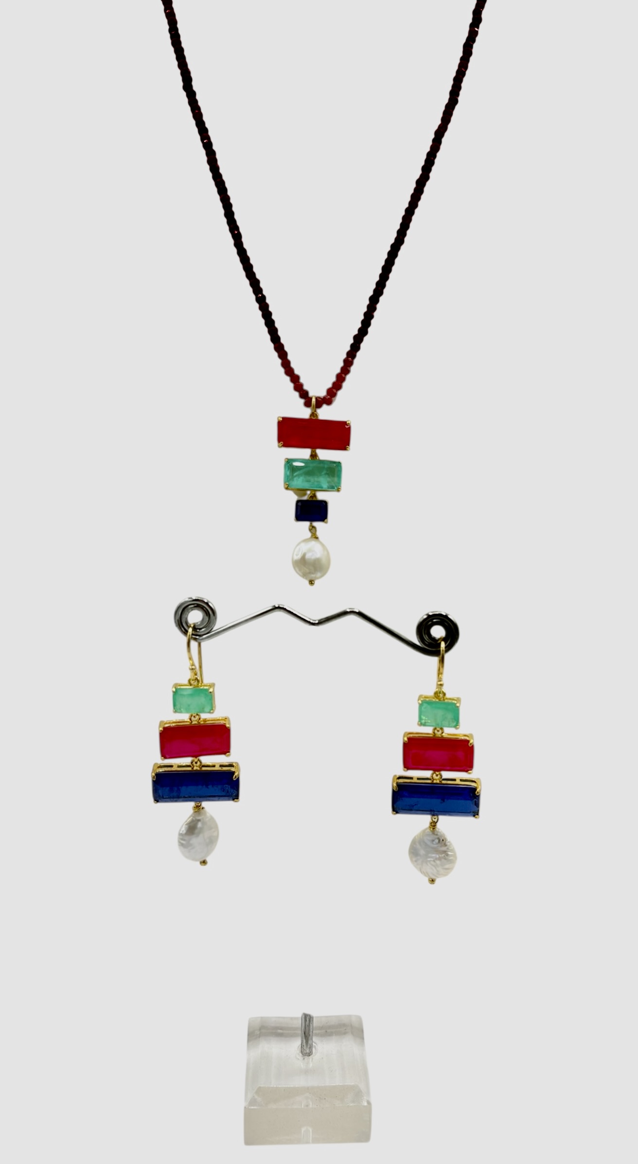 Parure Rubino, Tormalina & agata blu – Collana in Swarovski + orecchini abbinati
