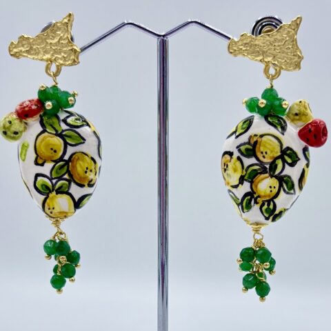 Orecchini Fichi d’India in Ceramica con Limoni e Swarovski Verdi