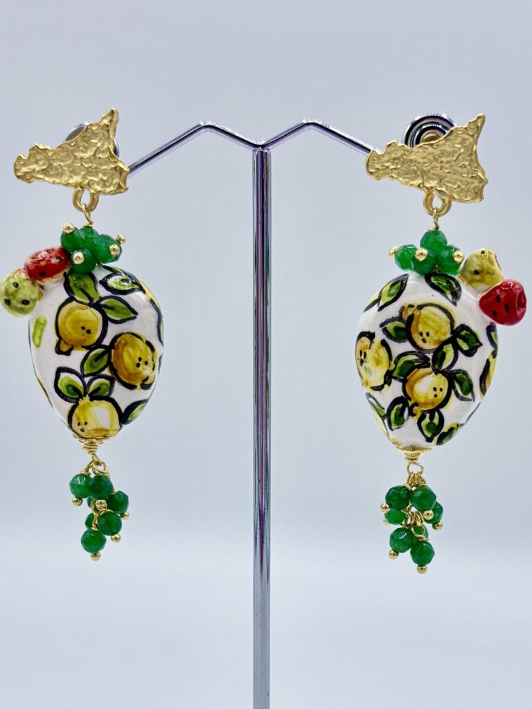 Orecchini Fichi d’India in Ceramica con Limoni e Swarovski Verdi