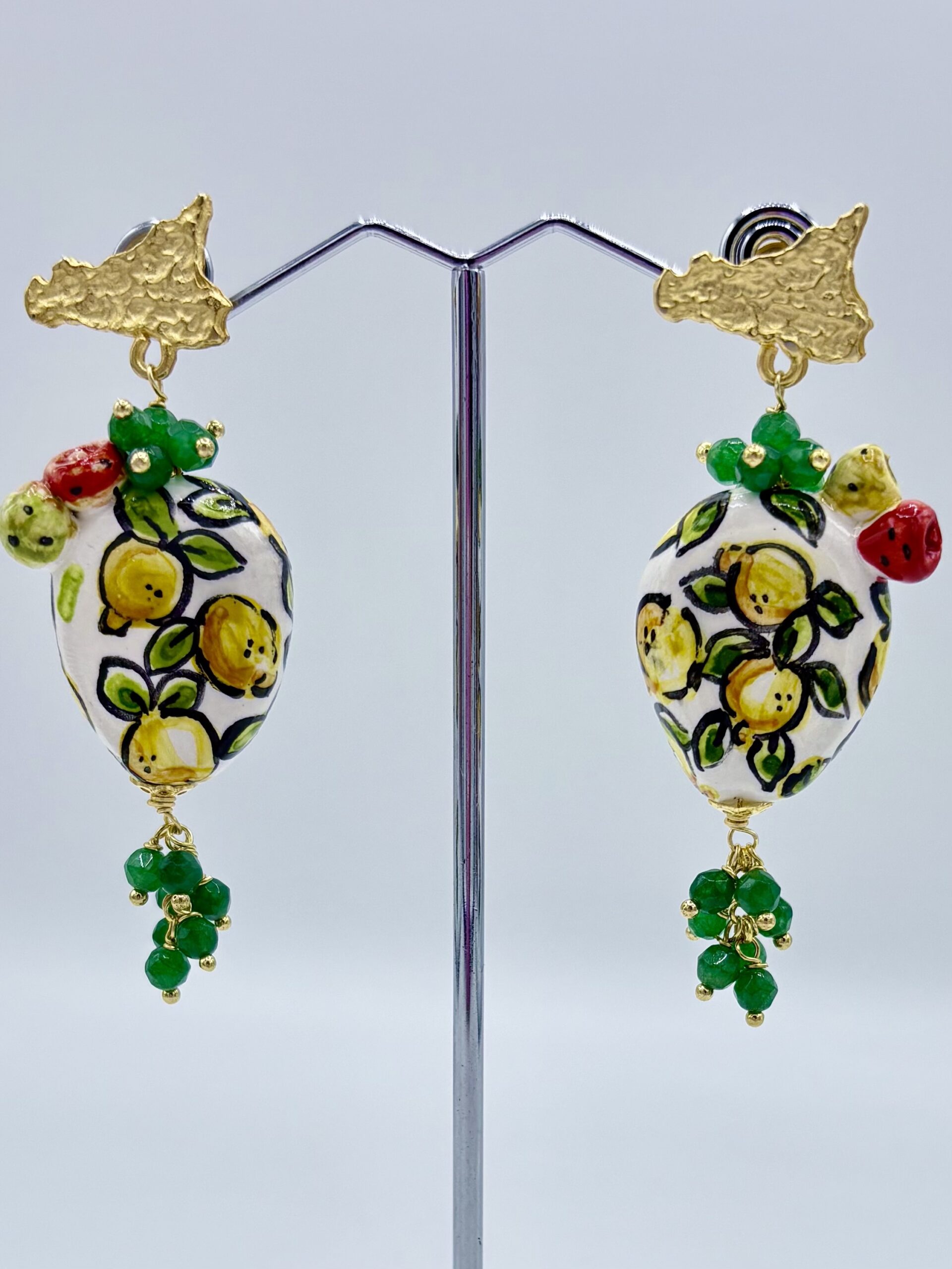 Orecchini Fichi d’India in Ceramica con Limoni e Swarovski Verdi